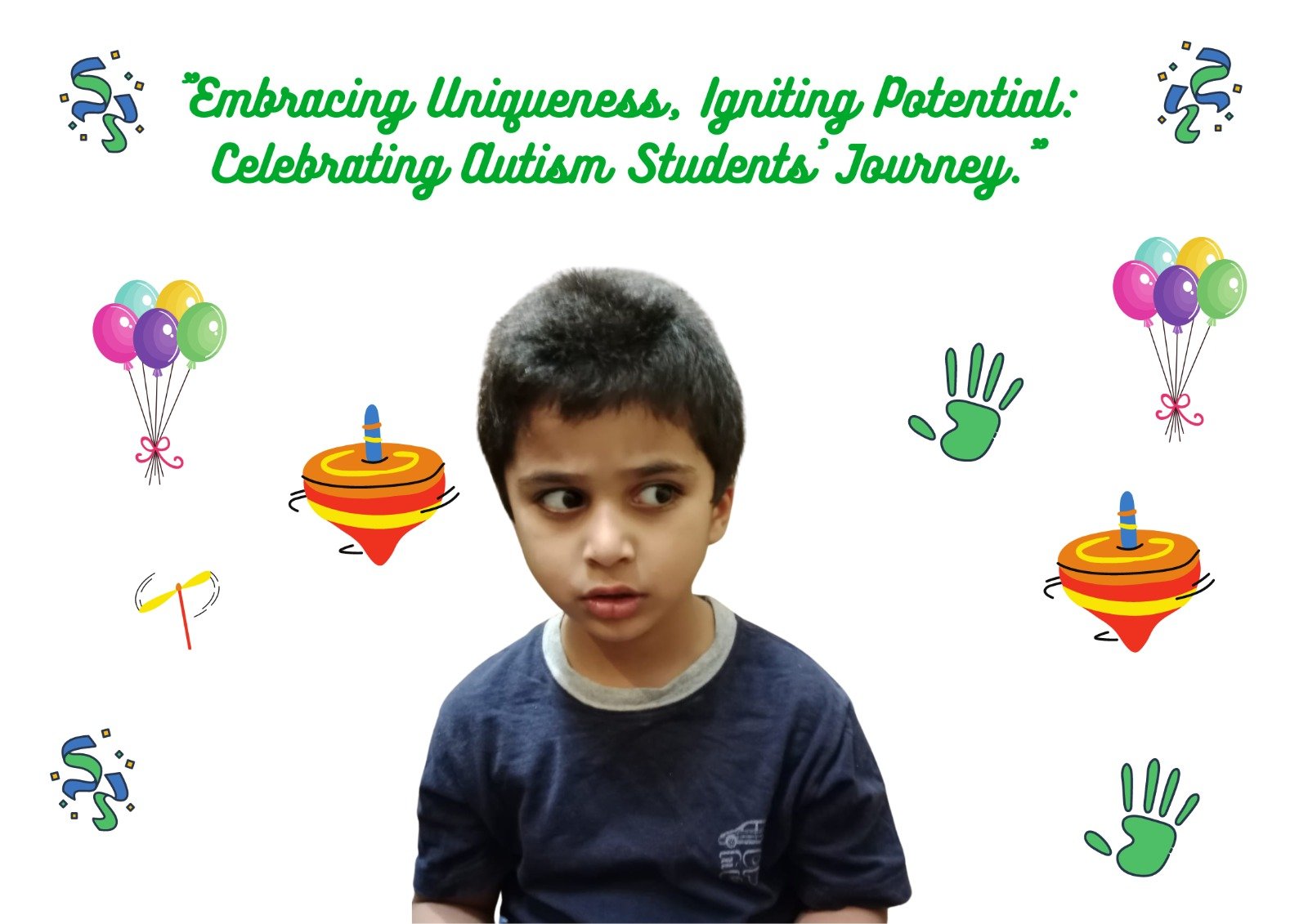 Poster for Gateway Inclusive School, celebrating the educational journey of autistic students. Text reads: Embracing Uniqueness, Igniting Potential: Celebrating Autism Students' Journey.