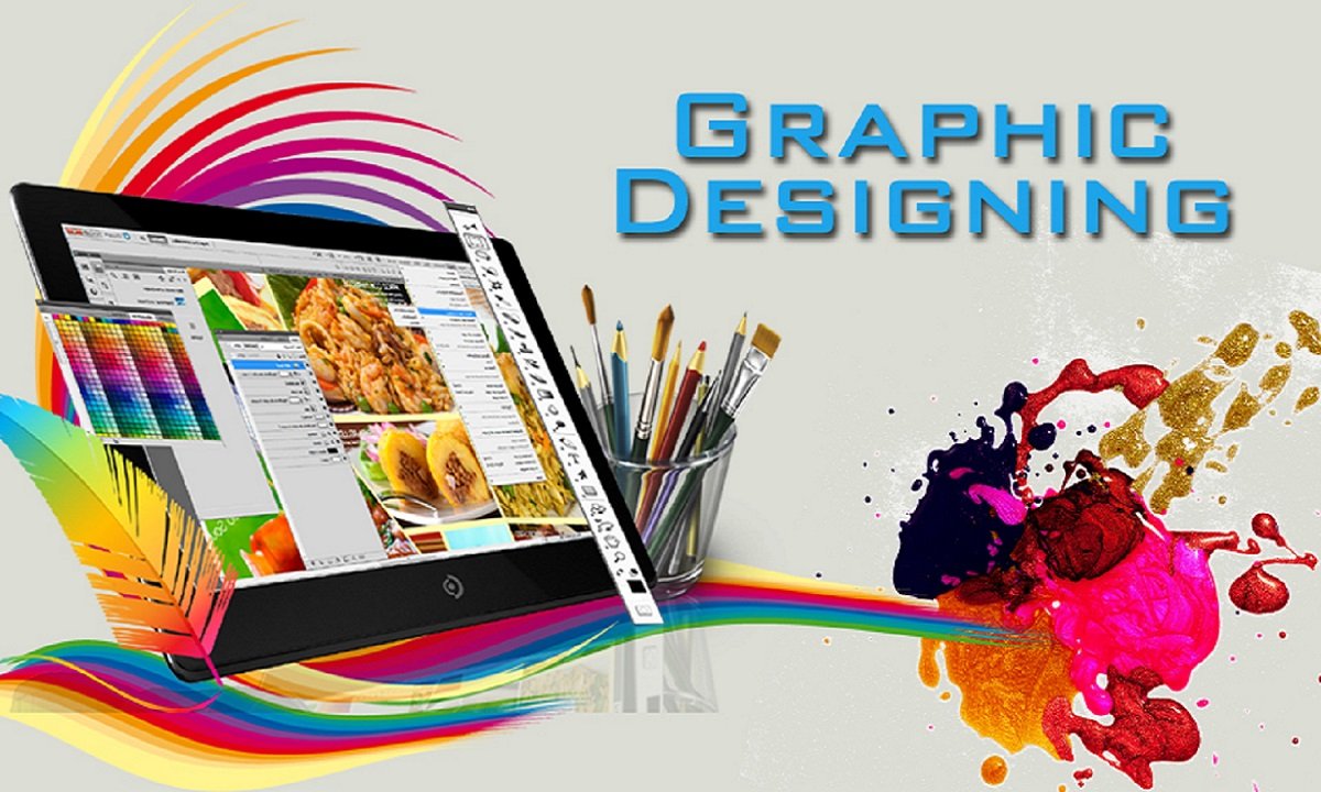 Illustration of graphic designing with a computer screen displaying design software, surrounded by tools like a pencil, color palette, and design samples, indicating creativity and digital artistry.